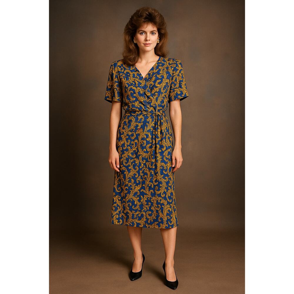 Vintage Silk Patterned Blue Front Tie Wrap Dress Retro Swing Women Midi